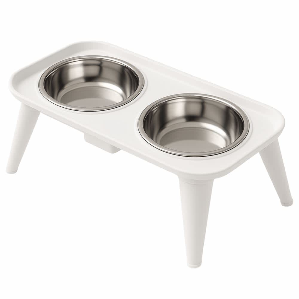 Comedero elevado blanco con base ergonómica y tazones de acero inoxidable