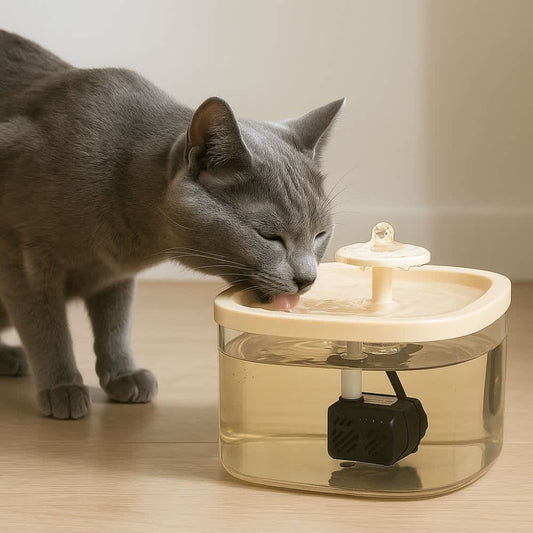 Gato gris bebiendo agua de fuente automática silenciosa color beige sobre piso de madera