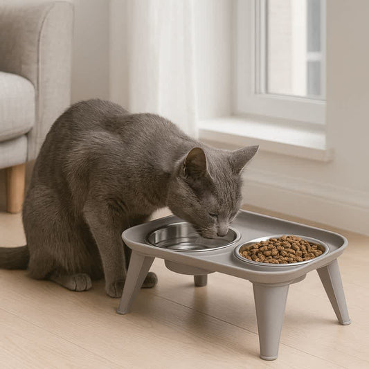 Gato gris comiendo en comedero elevado gris con tazones de acero inoxidable