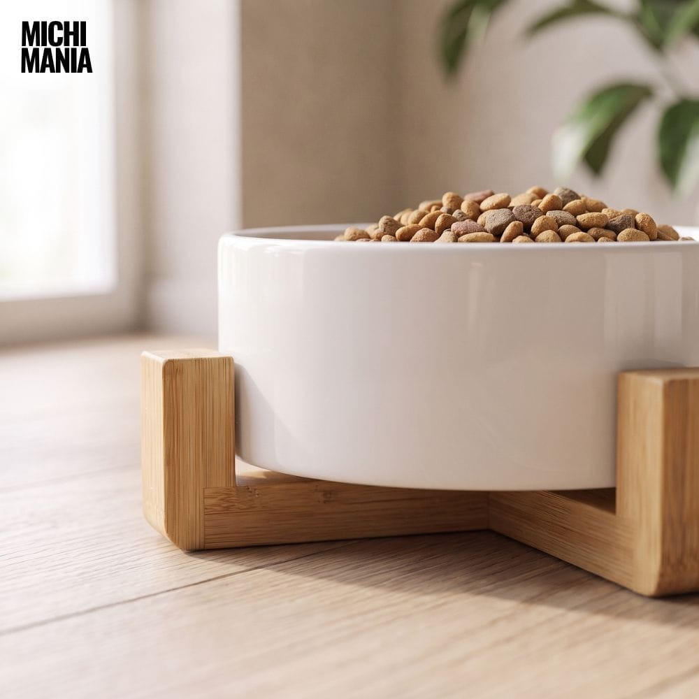 Comedero de Cerámica con Base de Bambú para Gatos