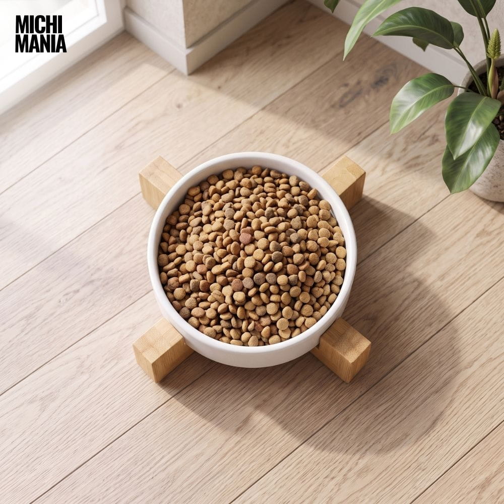 Comedero de Cerámica con Base de Bambú para Gatos