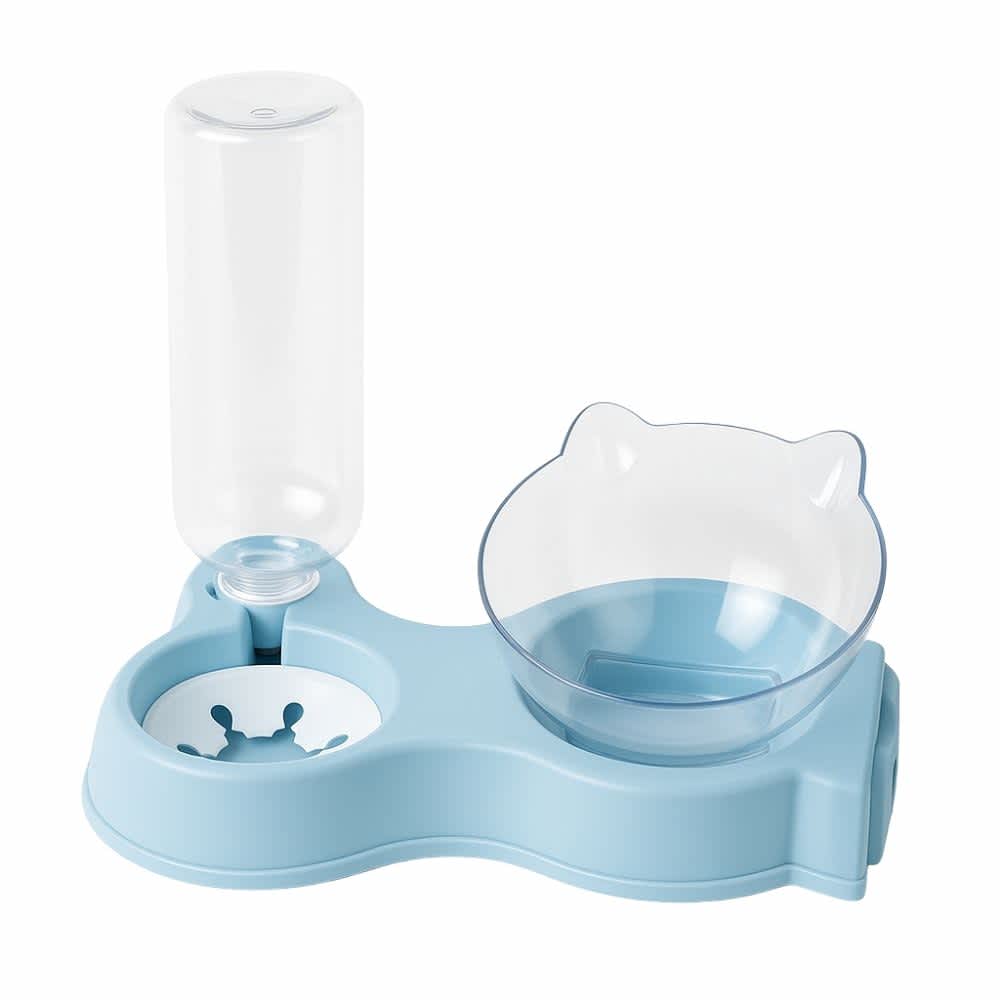 Comedero doble color azul pastel con bebedero automático por gravedad y cuenco transparente
