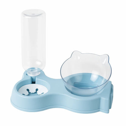Comedero doble color azul pastel con bebedero automático por gravedad y cuenco transparente