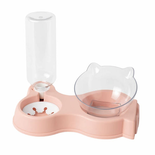 Comedero automático doble color rosa pastel con botella por gravedad y tazón en forma de orejas