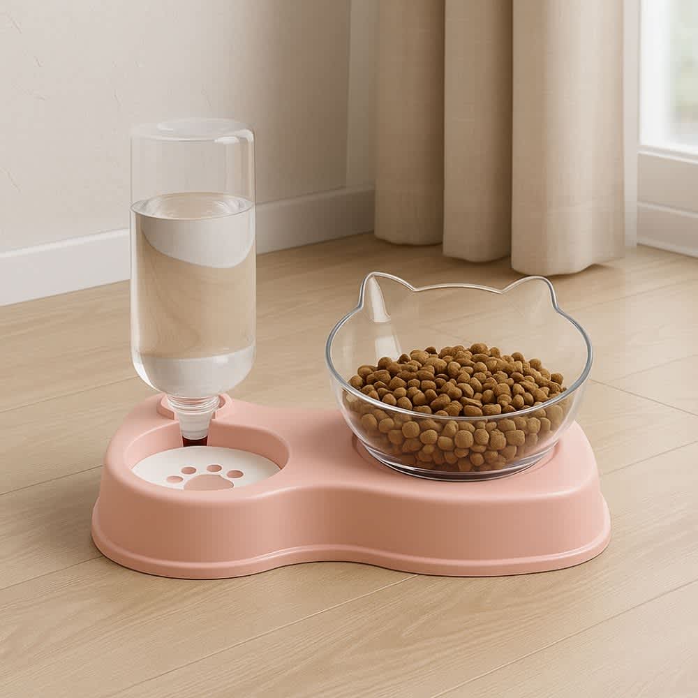 Comedero doble color rosa con bebedero por gravedad en sala minimalista con piso de madera