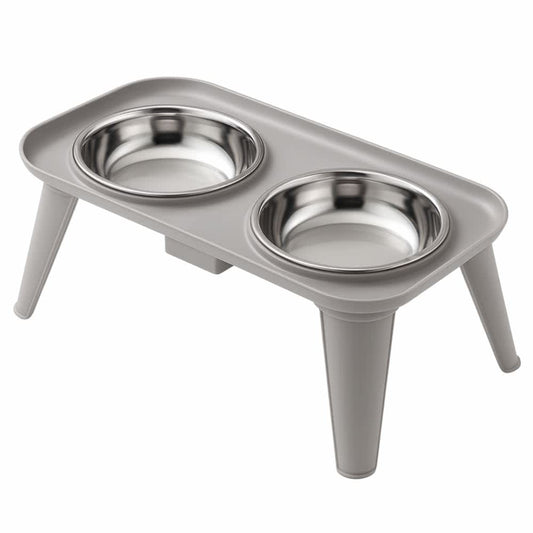 Comedero elevado gris con doble cuenco de acero inoxidable sobre base estable