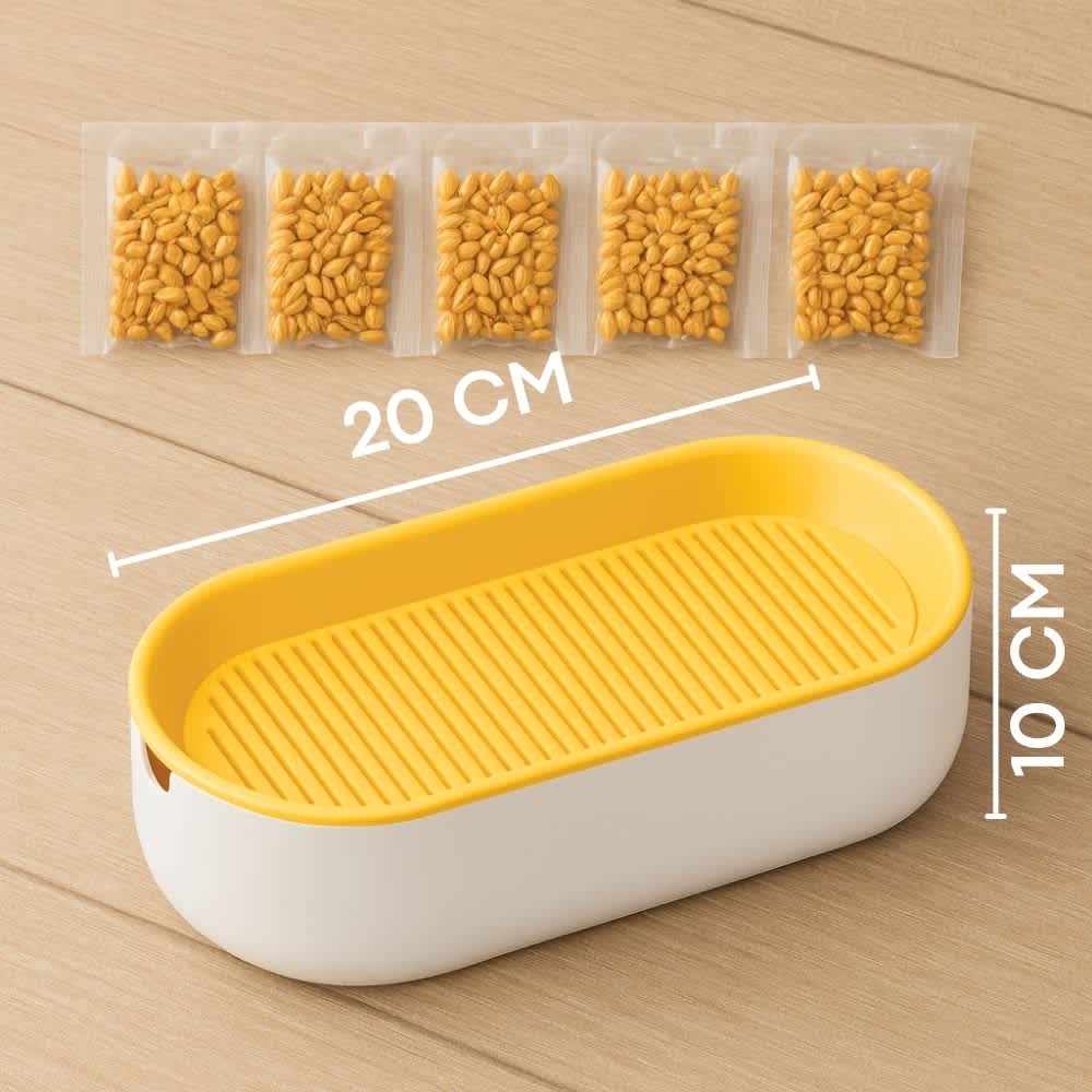 Componentes de la matera para pasto gatuno con medidas de 20 x 10 cm y bolsas de semillas