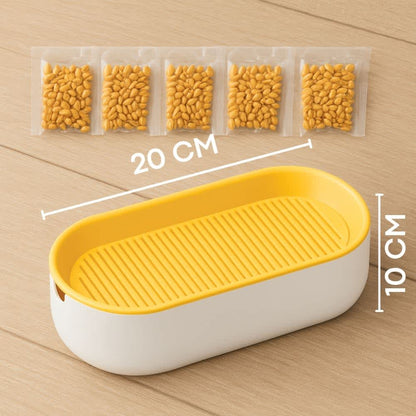 Componentes de la matera para pasto gatuno con medidas de 20 x 10 cm y bolsas de semillas