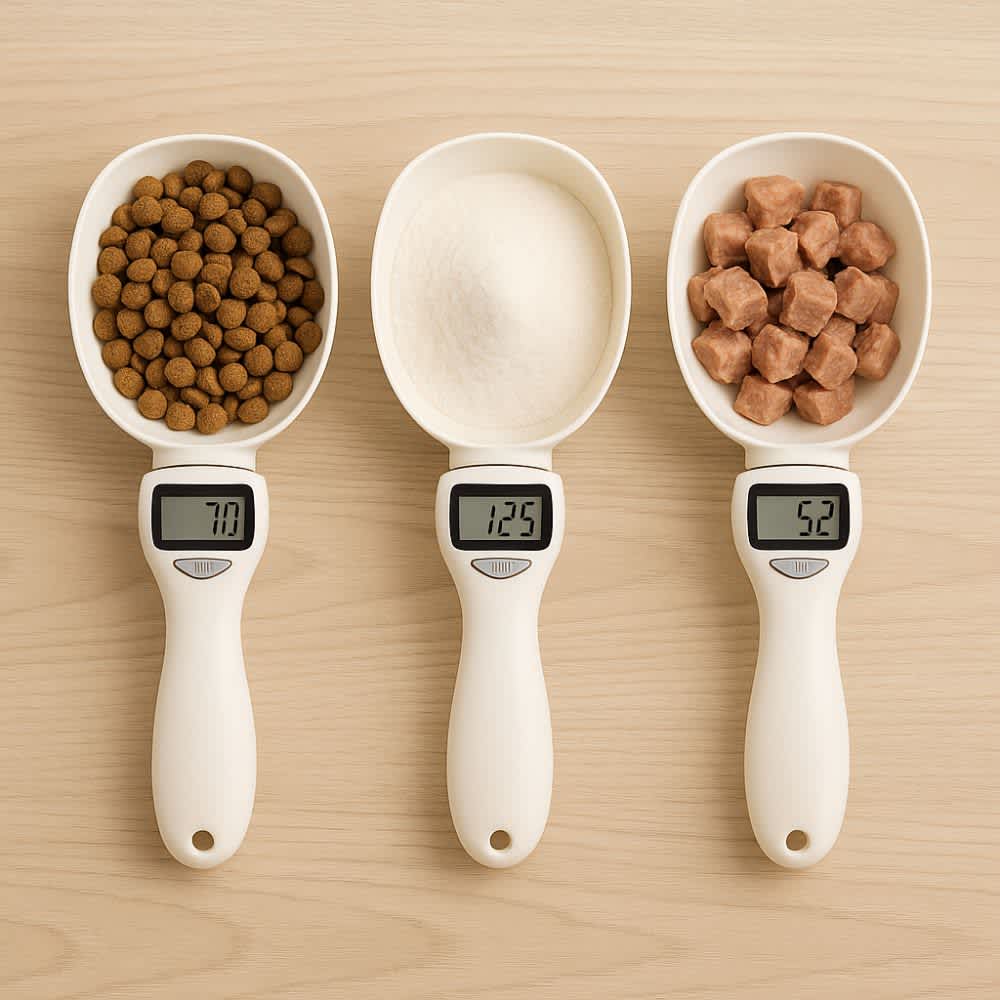 Cucharas medidoras digitales con croquetas, polvo y trozos de comida sobre superficie de madera