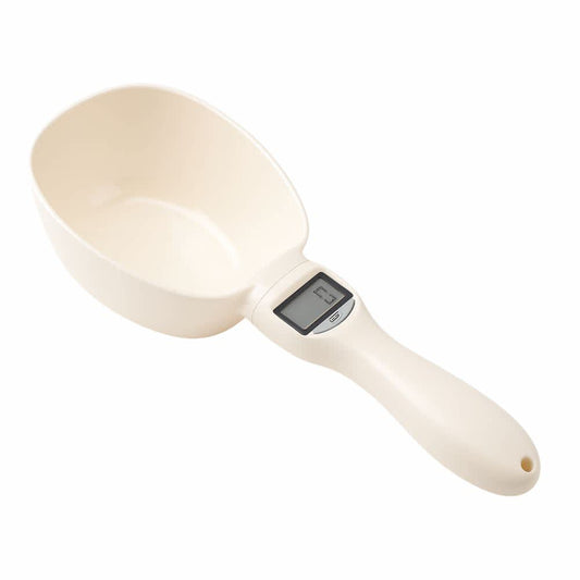 Cuchara medidora digital color beige con pantalla LCD para medir alimento de mascotas