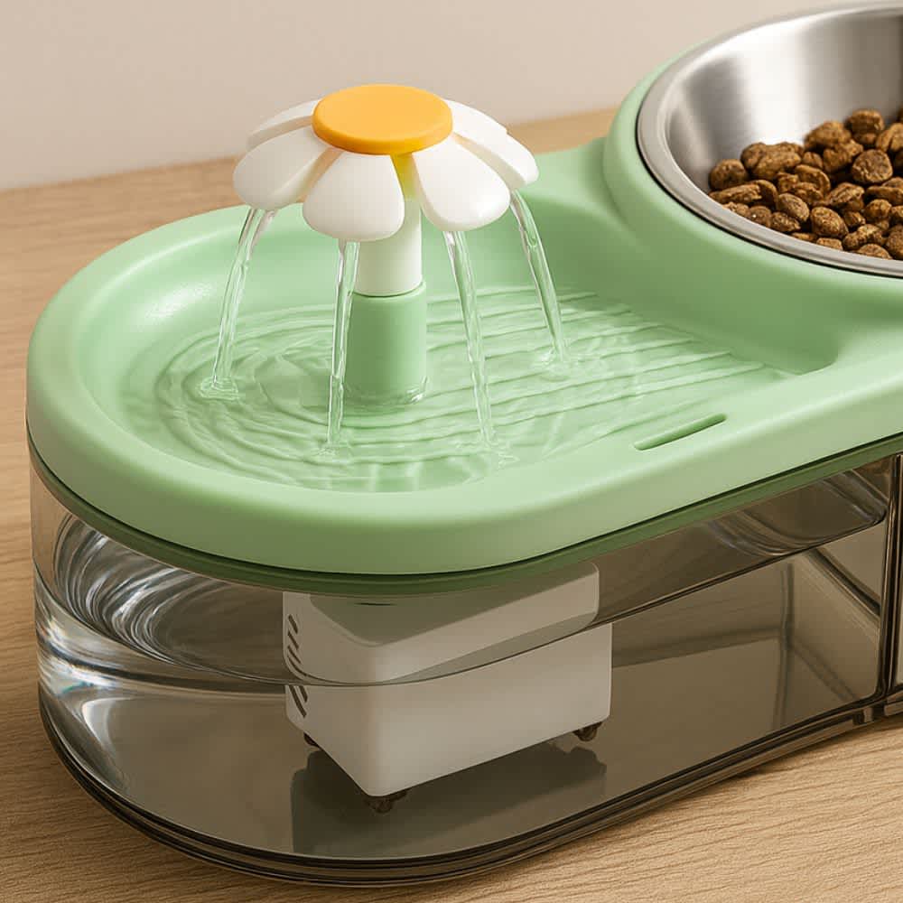 Flujo de agua tipo fuente con diseño de flor purificadora blanca y amarilla