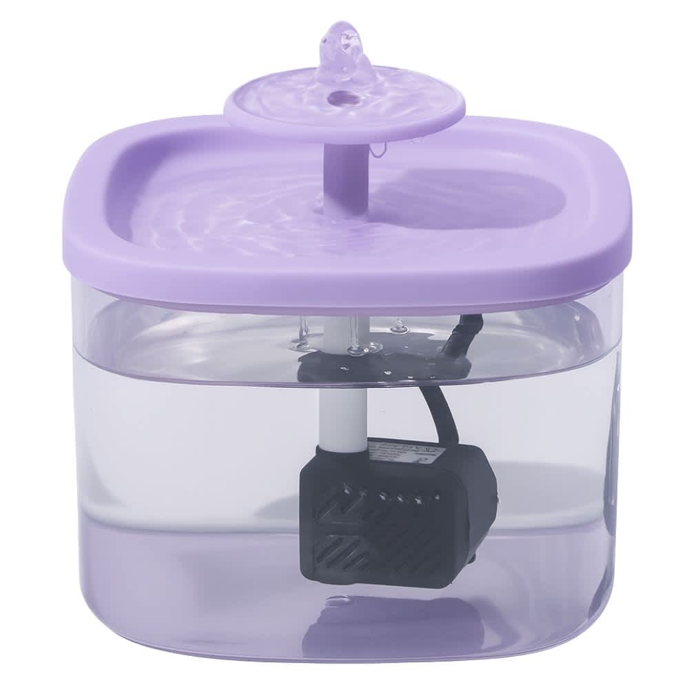 Fuente de agua silenciosa para gatos color morado con tapa moderna y depósito transparente