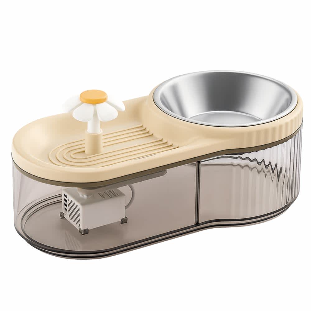 Fuente–comedero beige con flor purificadora y cuenco de acero inoxidable desmontable