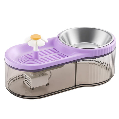 Fuente–comedero color morado con flor purificadora y cuenco de acero inoxidable