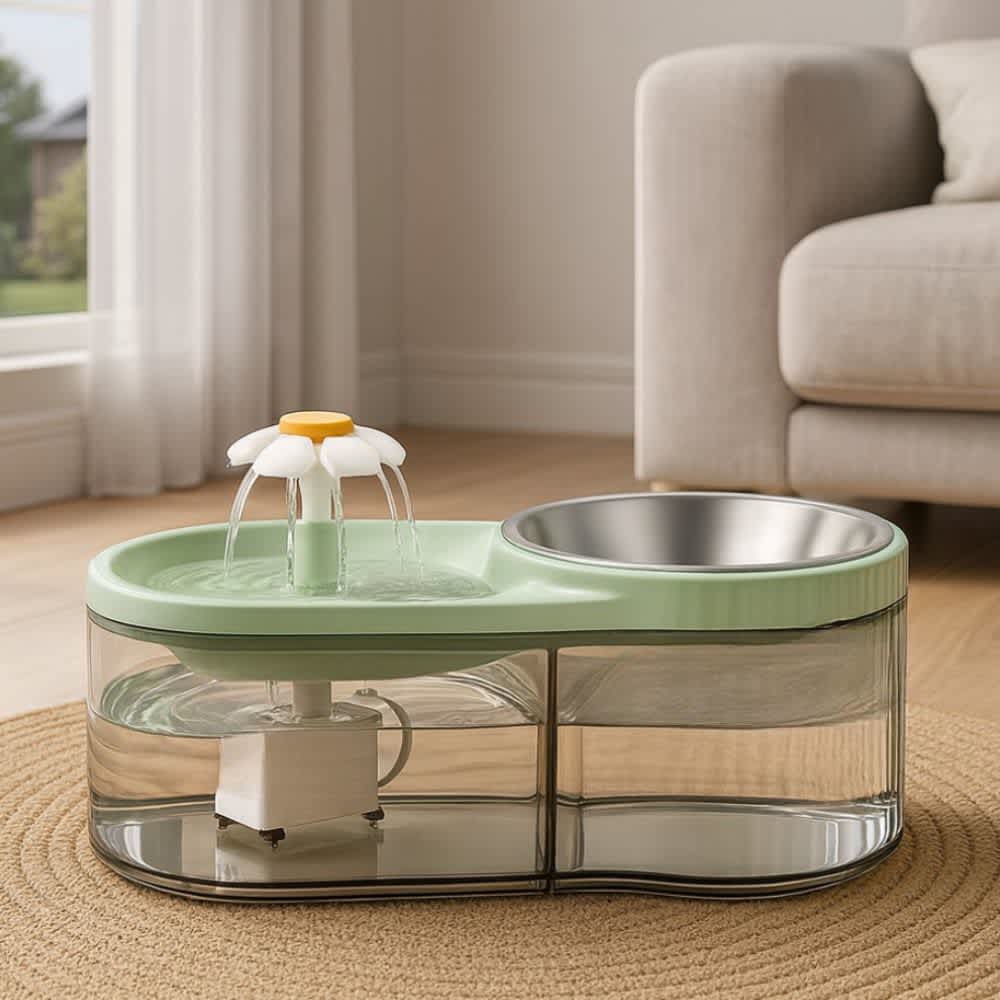 Fuente–comedero verde con flor purificadora funcionando sobre piso de madera en sala moderna