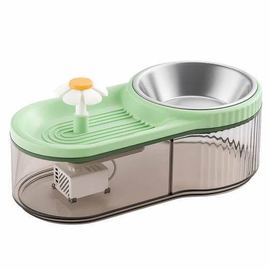 Fuente–comedero color verde menta con depósito transparente y flor blanca