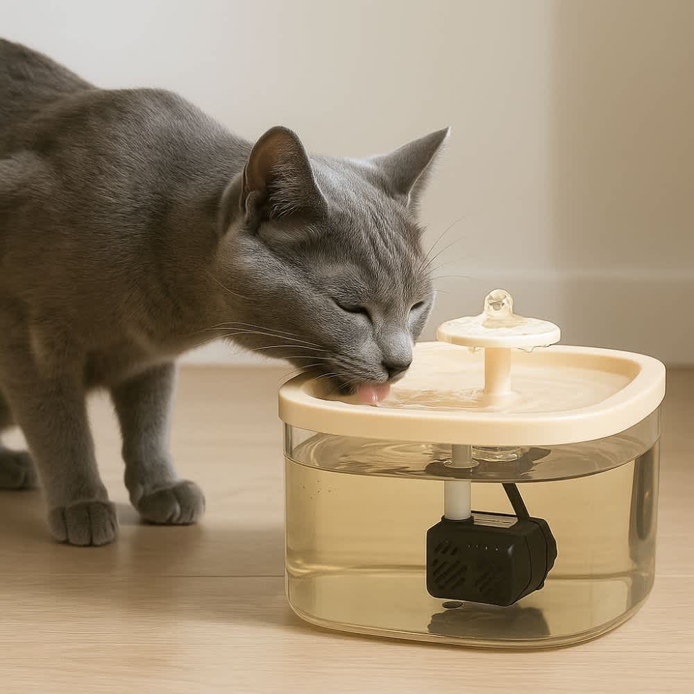 Gato gris bebiendo agua de fuente automática silenciosa color beige sobre piso de madera