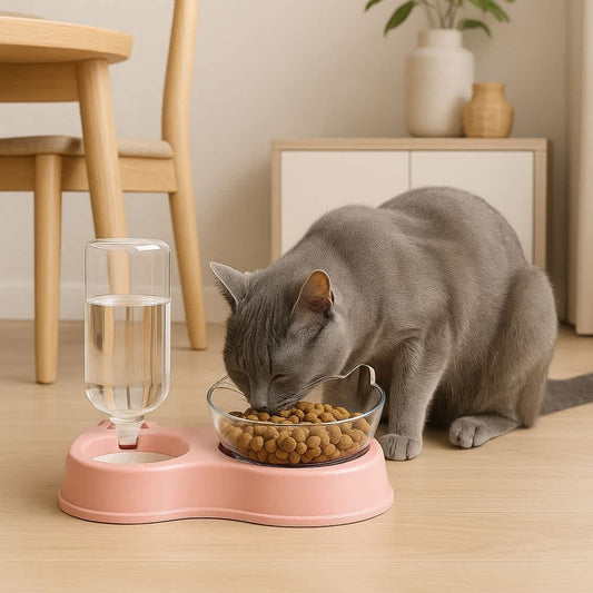 Gato gris comiendo croquetas en comedero automático doble color rosa sobre piso de madera