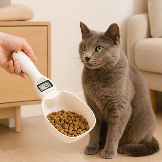 Gato gris mirando cuchara digital con croquetas en interior moderno