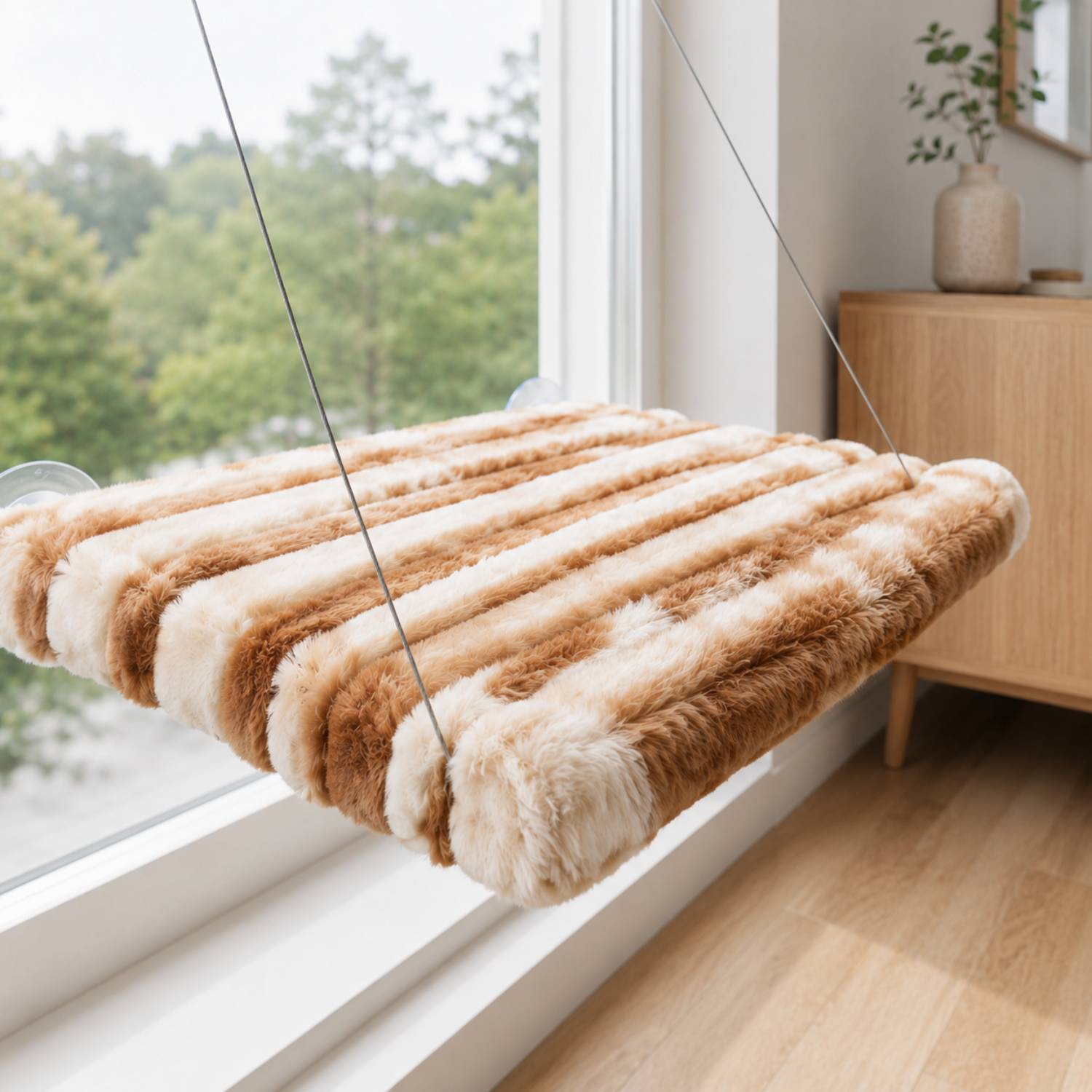 Detalle de la tela ultrasuave de la hamaca premium para gatos