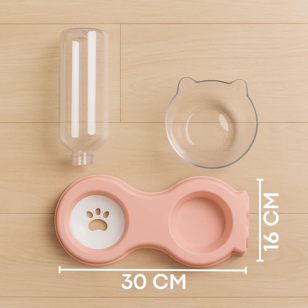 Componentes del comedero doble con medidas 30 × 16 cm y botella transparente