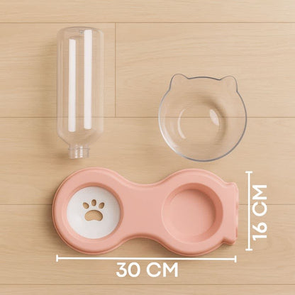 Componentes del comedero doble con medidas 30 × 16 cm y botella transparente